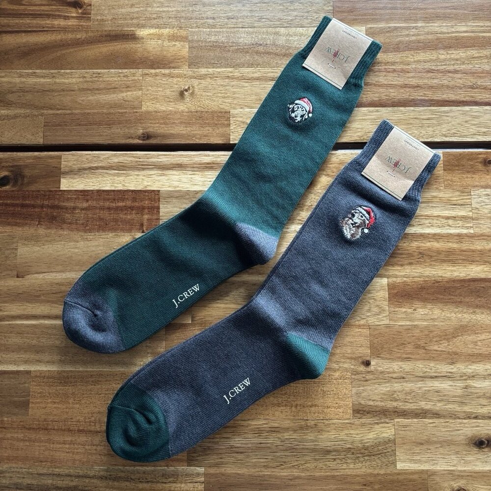 J. Crew Lot Of 2 Dress Socks Dog Christmas Hat Embroidery Green Gray Holiday NWT